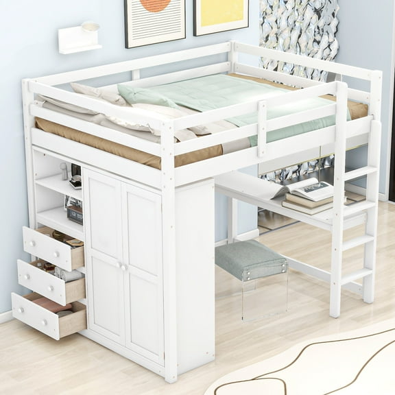 Bellemave Full Size Loft Bed with Desk and Wardrobe, Wood Loft Bed frame with 3 Storage Drawers & 2 Shelves, Maximum Space Loft Beds Full Design for Bedroom or Dorm (White)