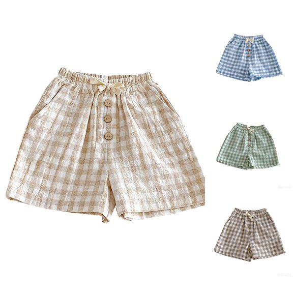 Rggeeun Child Boys Shorts Cute Plaid Pattern Elastic Waist With Adjustable Drawstring Side Pockets And Front Buttons Loose Fit For Summer Play Sports Classic Bottoms,Brown,6-12 Months