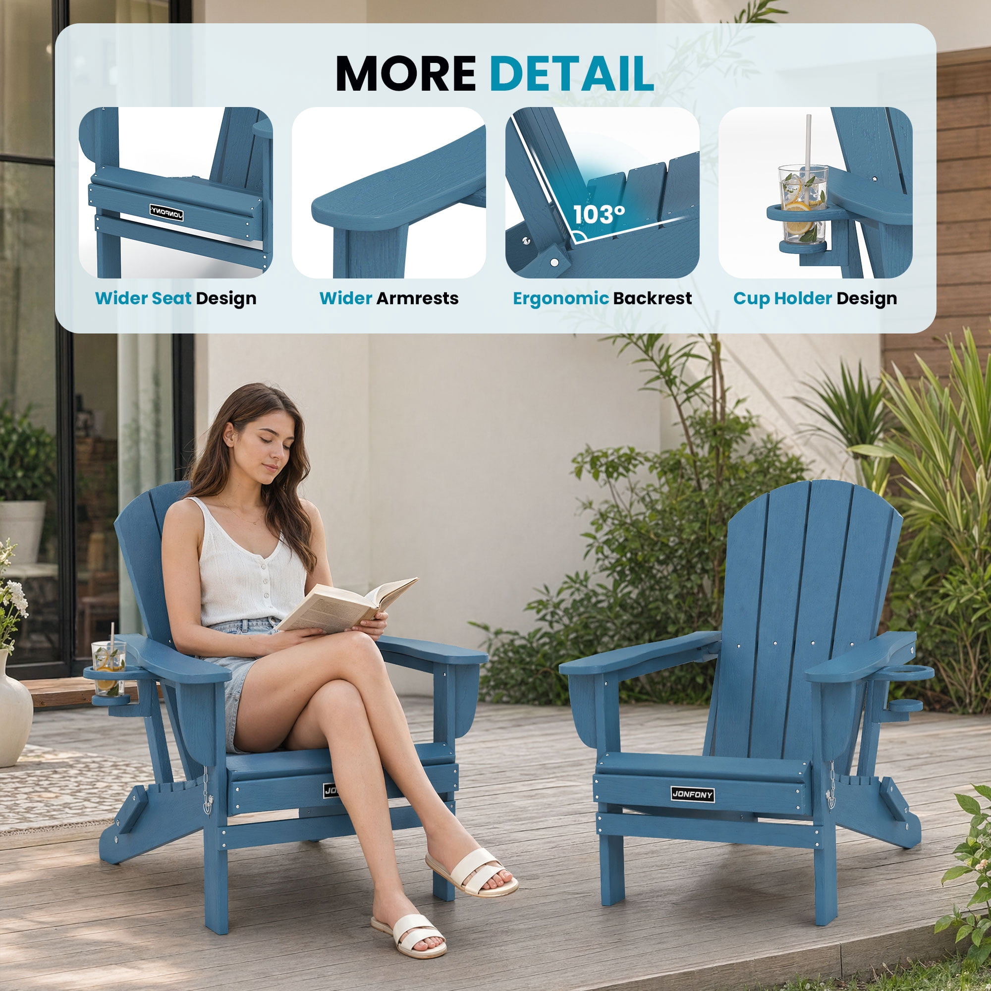 JONPONY Folding Adirondack Chair - HDPE All-Weather Outdoor Chairs, Patio Chairs Outdoor Wood Like Adirondack Chair for Backyard, Camping, Pool & Fire Pit,Blue