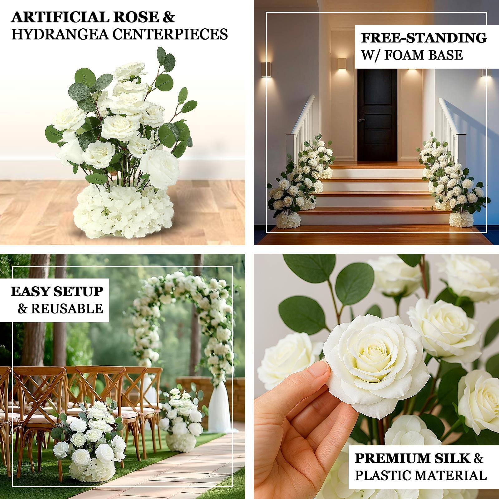 Efavormart 4-Pack Artificial Flower Arrangements – 20" White Roses, Hydrangeas & Eucalyptus, Free-Standing with Foam Base for Wedding Aisle Décor