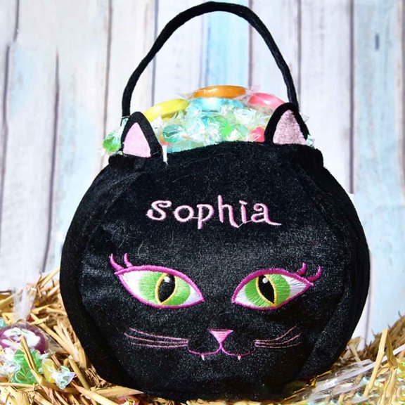 Djunllk Halloween Bucket Exquisite Soft Fluffy Trick or Treat Basket Small Halloween Pails with Handle Smile Face Black Cat Bucket for Kids Party Favors Supplies Props, Halloween Decorations
