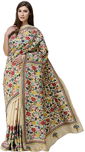 Exotic India Beige Tussar Sari from Kolkata with Kantha Hand ...