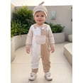 thumbnail image 4 of Loicainy Infant Baby Boy Fall Outfit 3 6 12 18 Months Striped Rompers and Front Pockets Overalls with Hat Clothes Set, 4 of 8