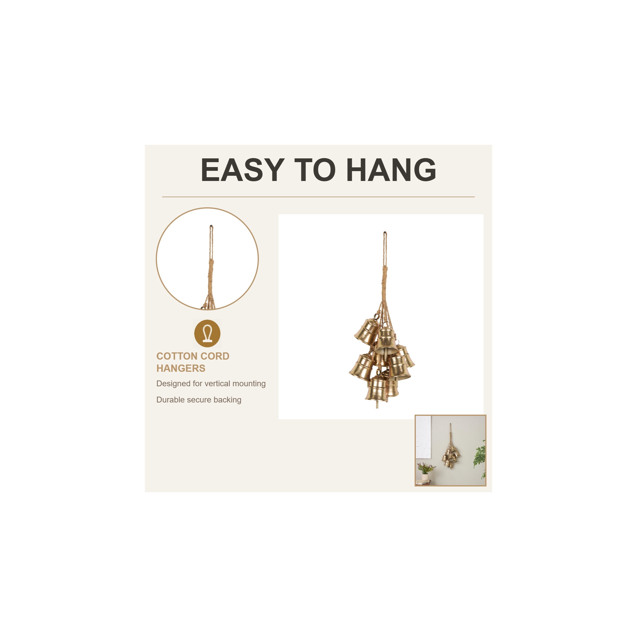 DecMode Tibetan Inspired Cascading Cluster Gold Metal Cluster Decorative Bells with 8 Bells on Jute Hanging Rope