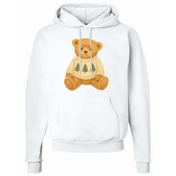 Inktastic Vintage Teddy Bear in Sweater with Christmas Trees Adult Hoodie Sweatshirt