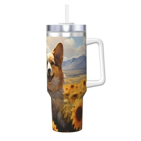 

Gaeub Cute Corgi Sunflower Print Stainless Steel Hot/Cold Coffee Cup 40oz Ice Bully Cup With Handle And Straw Travel Coffee Cup