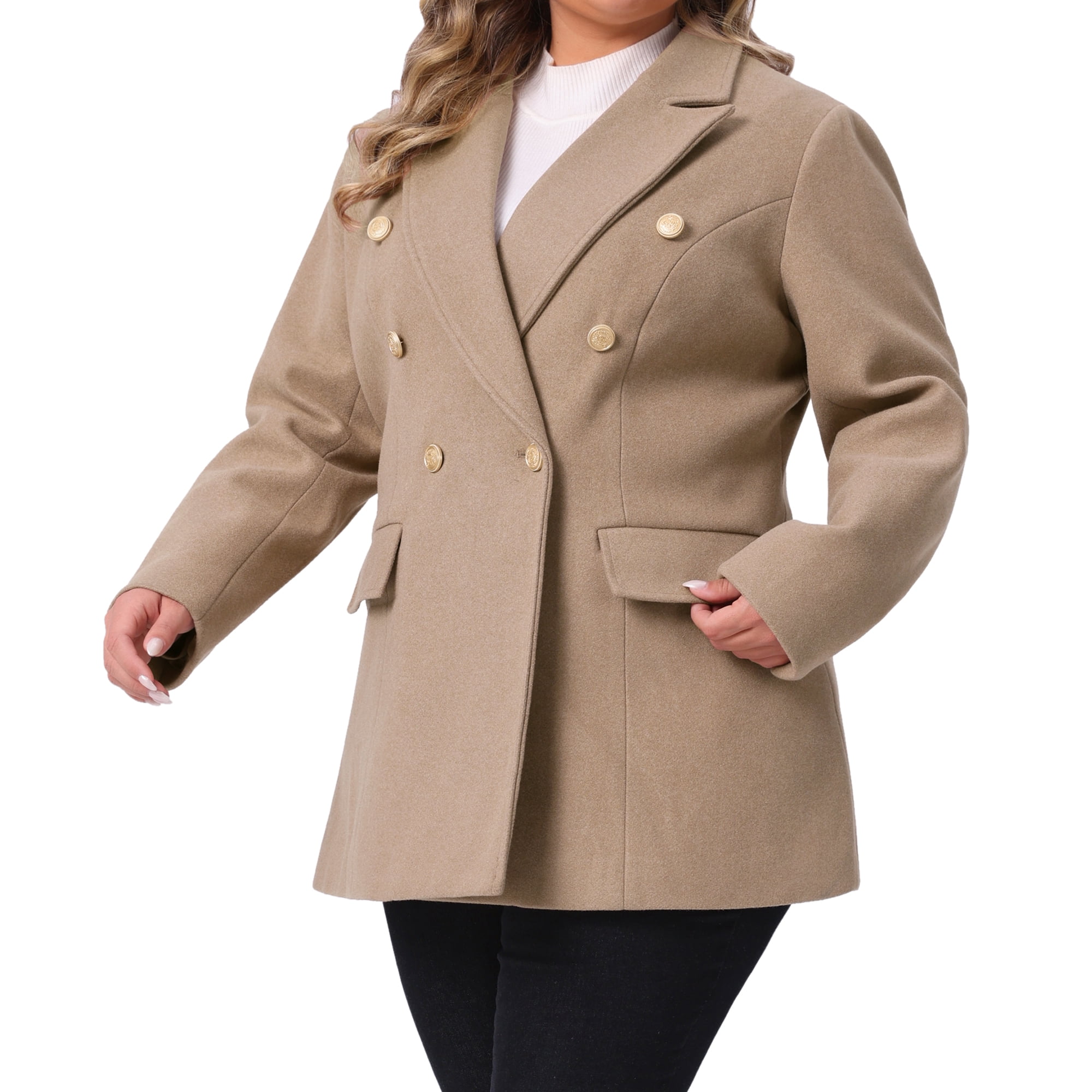 DARING DIVA Women's Plus Size Double-Breasted Notched Lapel Peacoat 1X Camel
