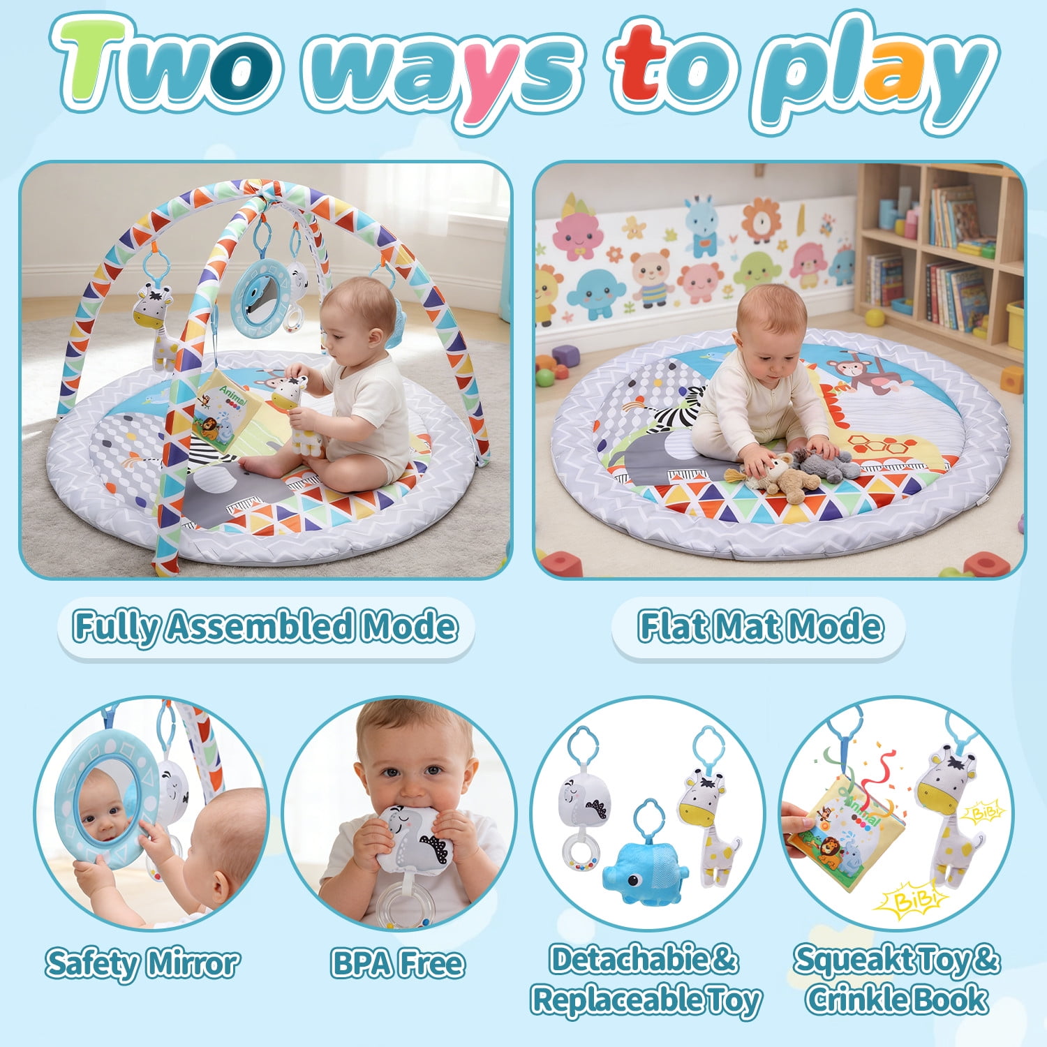JoyStone Baby Gym Play Mat Activity Mat with 5 Detachable Toys, Round Tummy Time Play Mat for Newborns & Infants 0–12 Months