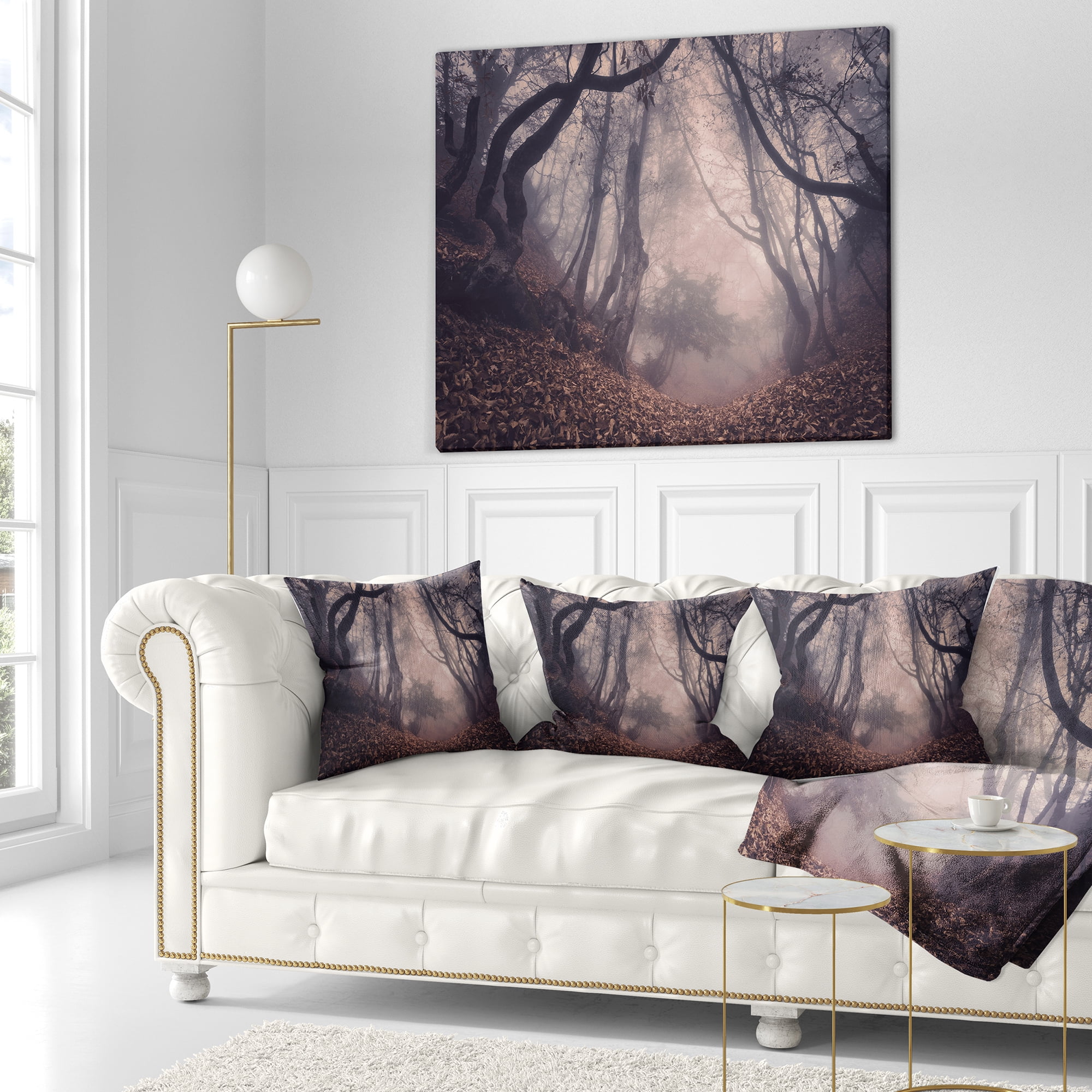 Designart Vintage Foggy Forest Trees - Landscape Photography Throw Pillow - 16x16