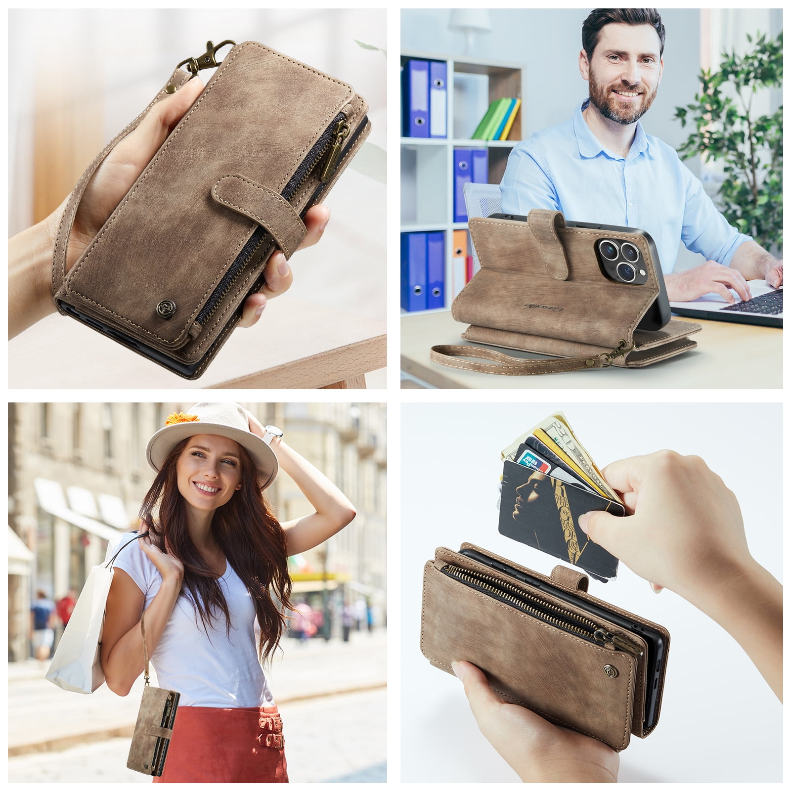 Dteck for iPhone 15 Pro Case with Card Holder, Premium iPhone 15 Pro Wallet Case for Women Men, Heavy Duty Durable PU Leather With Flip Zipper Pocket Phone Case w/ Wrist Strap Lanyard,Brown