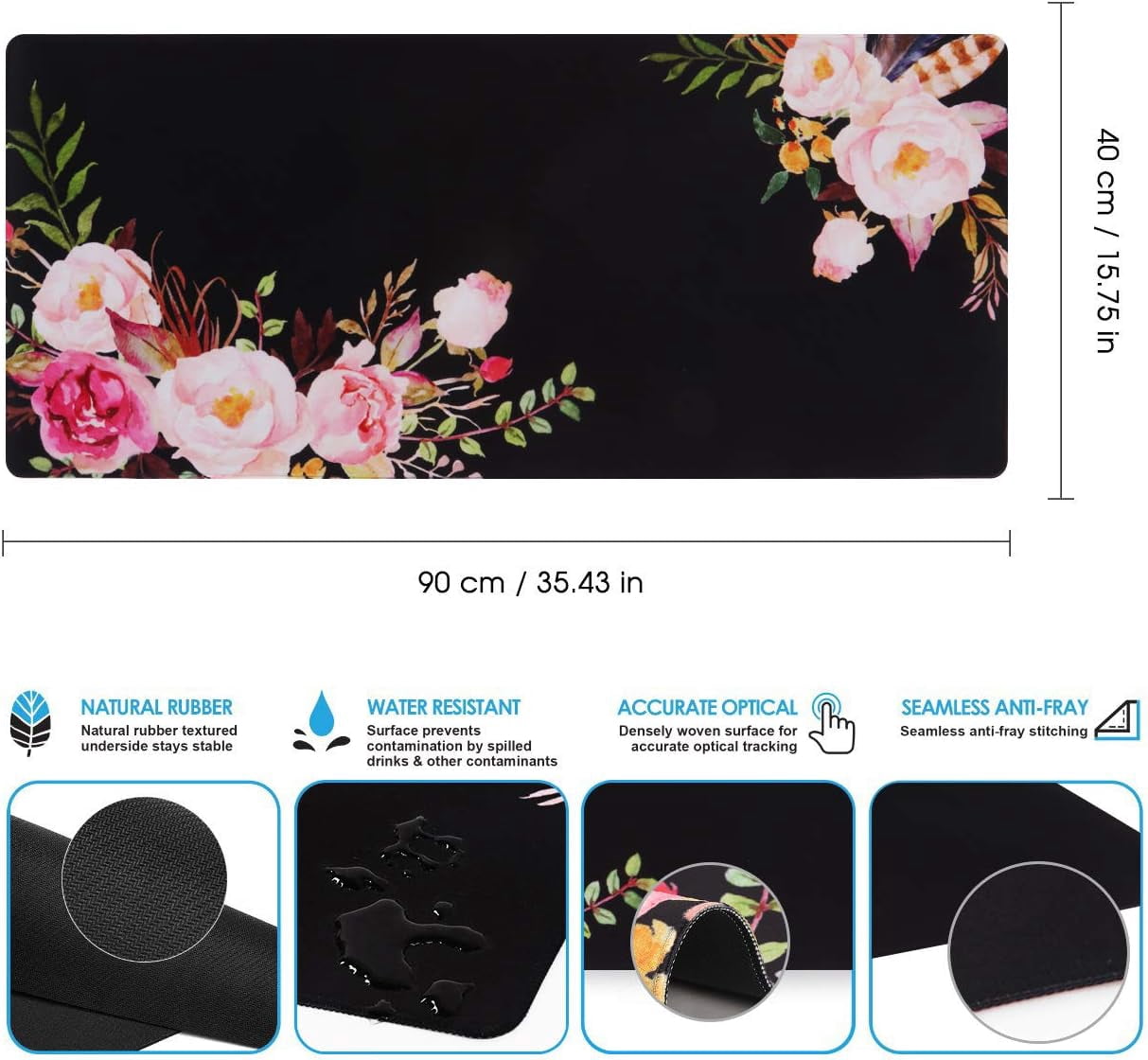 Flower Extended Gaming Mouse Pad - Large Non-Slip Rubber Base Mousepad, Waterproof Keyboard Mat, Stitched Edges, Perfect for Work, Game, Office, Home, 35.4x15.7 Inch