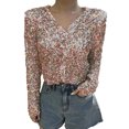 thumbnail image 2 of Plus Size Women's V-Neck Long Sleeve Sequin Decorative Fashion Crop Top with Buttons, 2 of 9