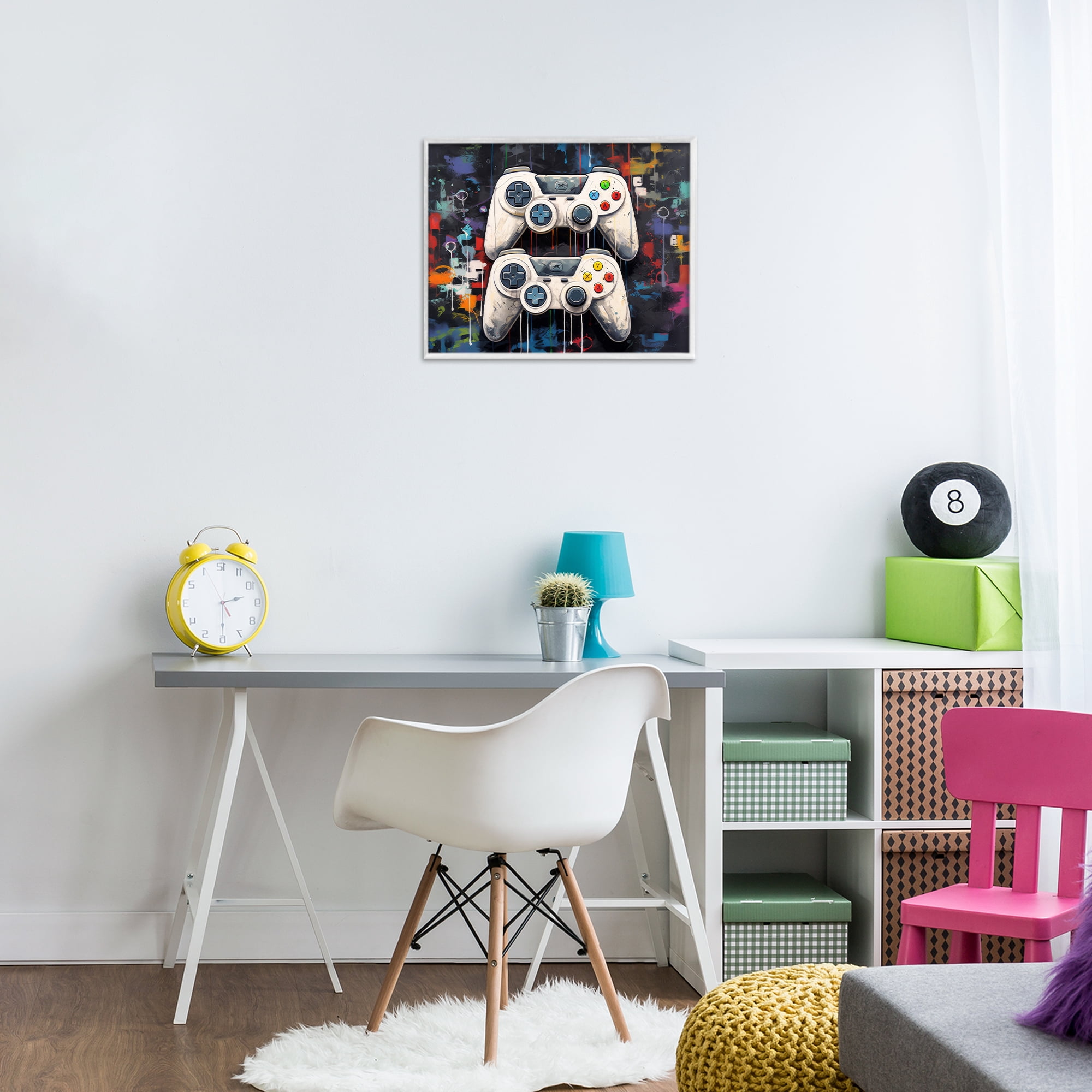 Stupell Industries Joystick Journeys with Paint Splatter White Framed Giclee Art, design by Lazar Studio
