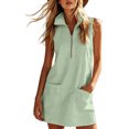 thumbnail image 2 of Women's Sleeveless Stand Collar Mini Dress Zip Up Loose Shift Dress Y2k Casual Street Short Dress Summer Sundress with Pockets Green, 2 of 6