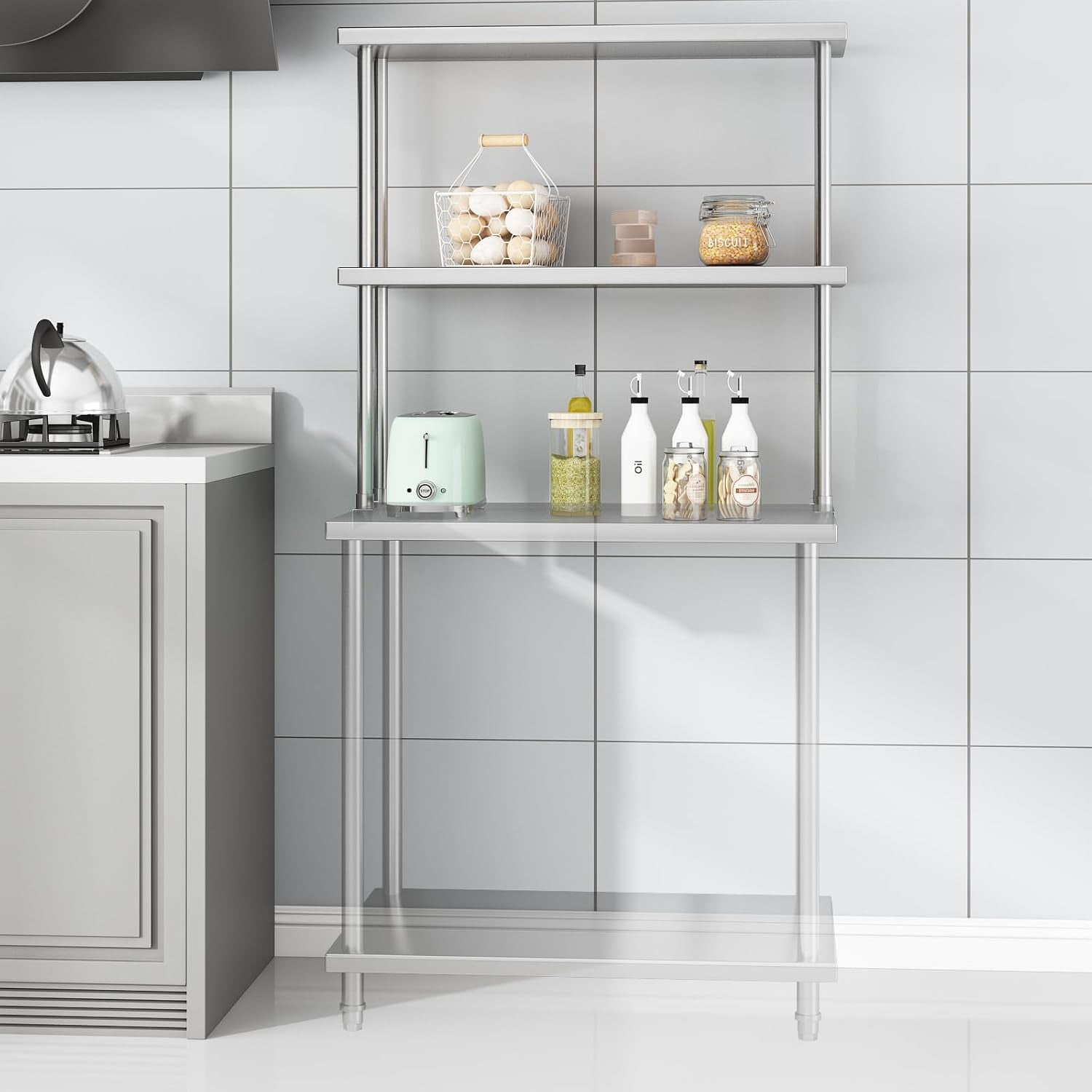 Stainless Steel Double Overshelf, Commercial 2-Tier Adjustable Shelves, Double Deck Overshelf for Prep & Work Table In Restaurant, Kitchen and Home, 12" x 36"