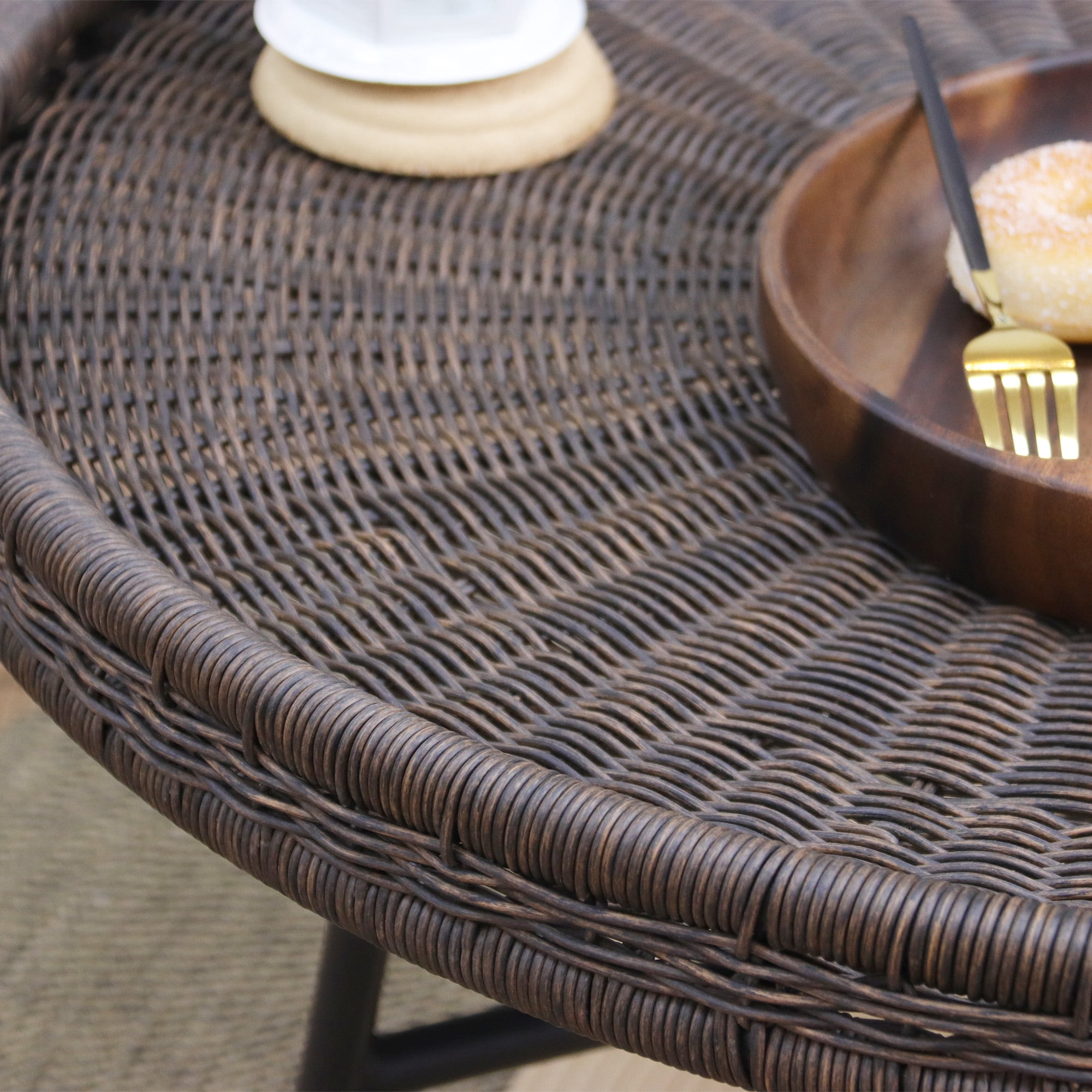 Abble 30” Round Dark Brown PE Wicker Coffee Table with Black Metal Legs,  Indoor or Outdoor use for Living Room, Patio, Garden, Backyard, Porch