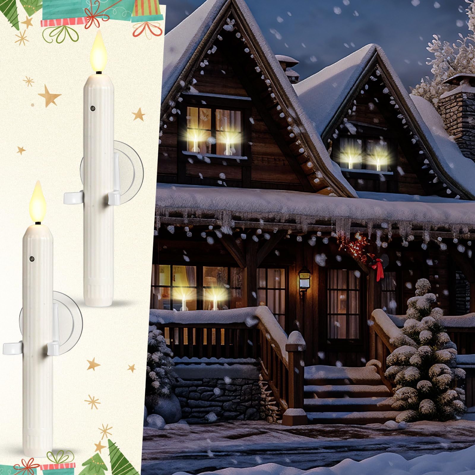 Classic Style Christmas Window Decorations - 12 Sets Battery Operated Window Candles with Dusk to Dawn Sensor, Flameless LED Candlesticks Bulk for Xmas Decor
