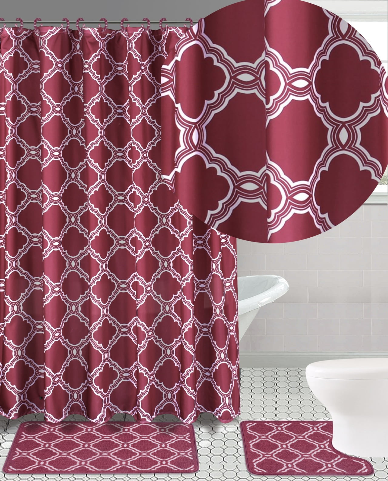 15pc BURGUNDY HONEY Bathroom Set Printed Banded Rubber Backing Rug Bath