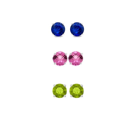 Paris Jewelry 24k White Gold 1/2Ct Created Blue Sapphire Pink Sapphire and Peridot 3 Pair Round Stud Earrings Plated