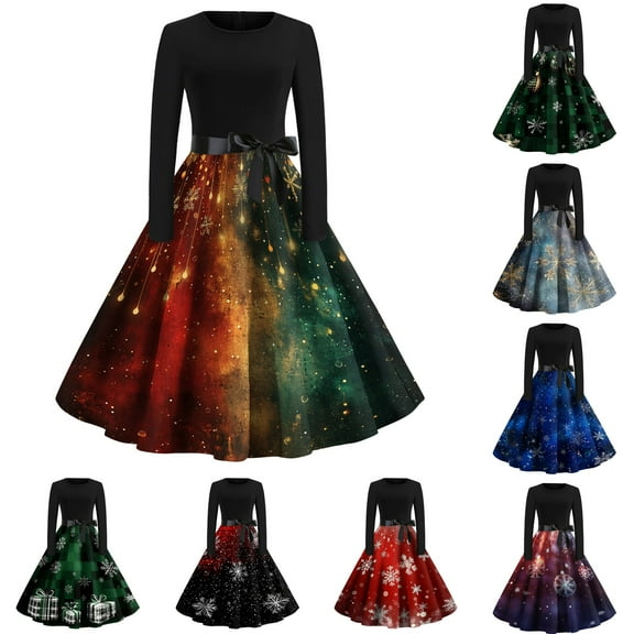 Christmas Dresses for Women Women's Christmas Printed Round Neck Big Hem Skirt Pleated Skirt Long Sleeved Dress with Snowflake and Gift Box Print for Holiday Party,Army Green,L