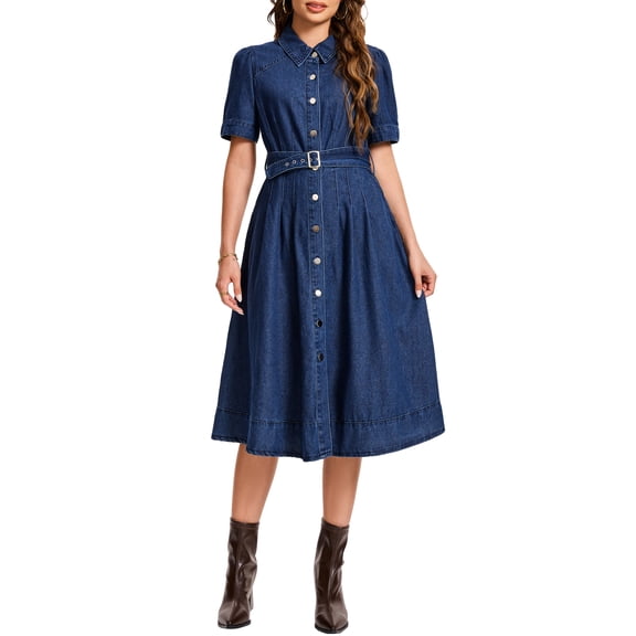 INSPIRE CHIC Women's Short Sleeve Button Down Denim Shirt Midi Dress S Deep Blue