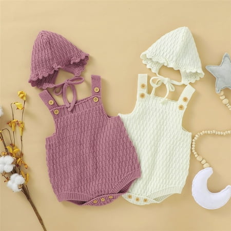 

MissiMae 2 Pcs Baby s Casual Suit Sleeveless Button Knitted Vest Romper Solid Color Lace-up Elastic Hat Daily Life
