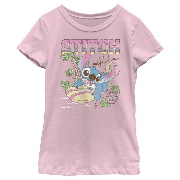 Girl's Lilo & Stitch Surfing Stitch Graphic Tee Light Pink Medium