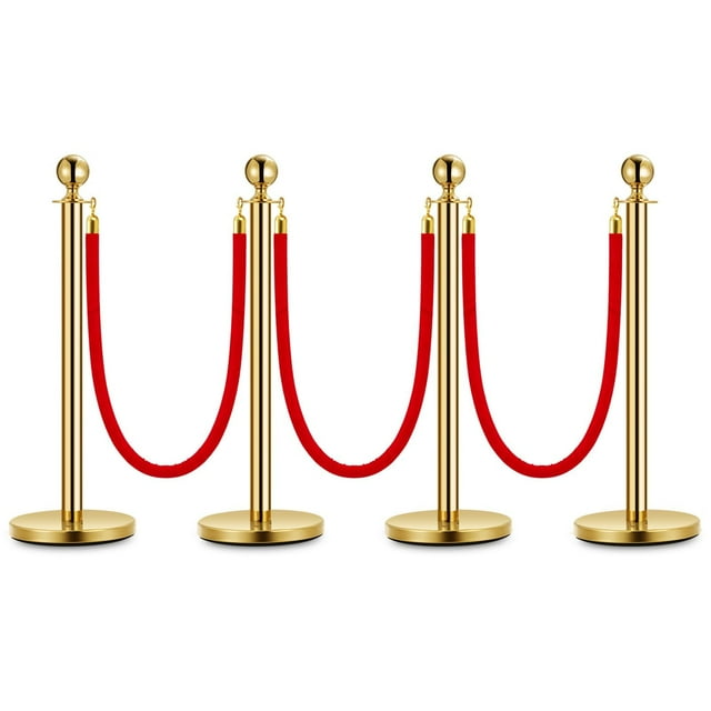BeesClover Gold Stanchion Post Queue,38 Inch Stanchion Posts Queue with 5 ft Red Velvet Rope,Ropes Safety Barriers Set,Crowd Control Barriers Queue Line Rope for Theater Party Museums