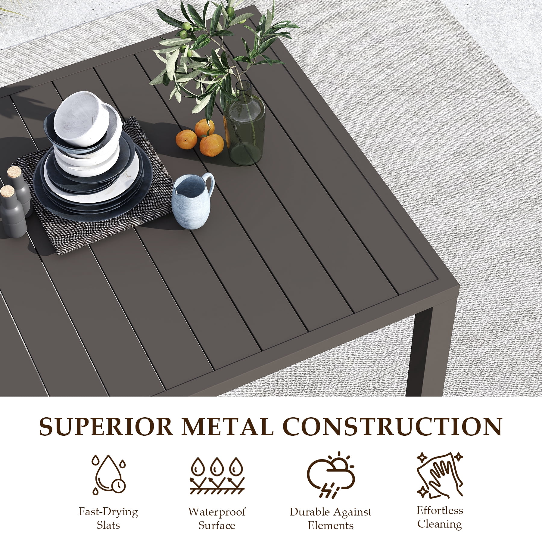 Outdoor Dining Table for 4 Person,Square Slatted Metal Patio Table for Deck Garden Lawn Backyard Use with Umbrella Hole, Brown