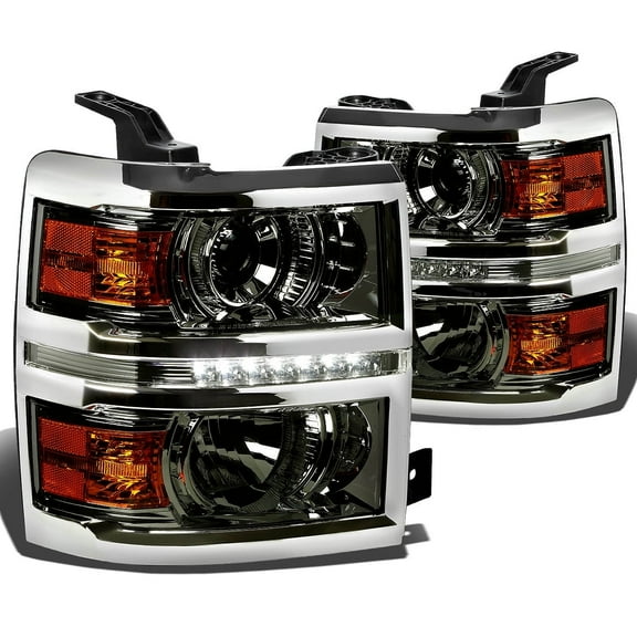 DNA Motoring For 2014-2015 Chevy Silverado LED DRL Smoked Amber Projector Headlight Lamps Pair