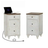 Farmhouse  End Table with Charging Station, Wooden Nightstands with Drawer and Storage Cabinet, Modern Side Tables Living Room, Night Stands Bedside Table for Bedroom, Rustic White