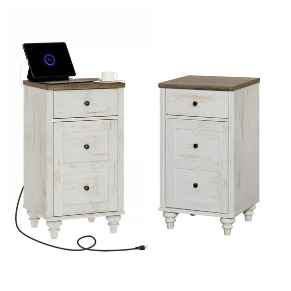 Farmhouse  End Table with Charging Station, Wooden Nightstands with Drawer and Storage Cabinet, Modern Side Tables Living Room, Night Stands Bedside Table for Bedroom, Rustic White