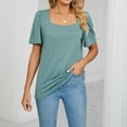 thumbnail image 5 of safuny Women's Trendy Loose Basic Tops Solid Tops Short Sleeve Tees Square Neck Shirts Pleated Vintage Clothing Fashion Summer Green M, 5 of 6