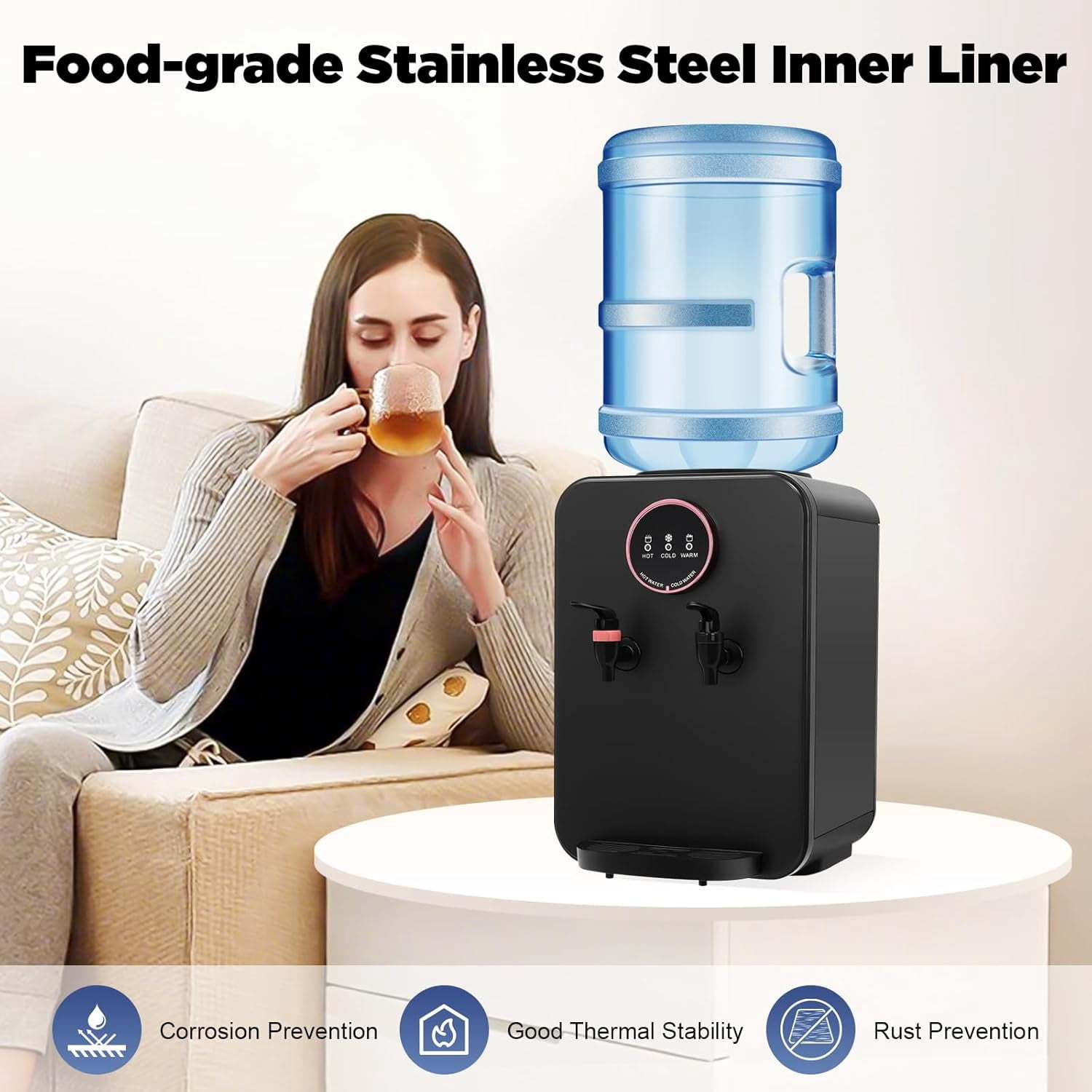 Countertop Hot and Cold Water Cooler Dispenser, Efficient Cooling/Heating, for Home Office Use, Holds 5 Gallon Bottles