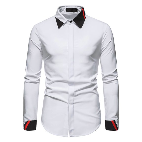 Fesfesfes Blouse Shirt for Men Fall Colorblock Casual Business Slim Fit Long Sleeve Turndown Top Blouse On Sale