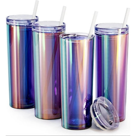 

Skinny Acrylic Tumbler with Lid and Straw | 18oz Premium Insulated Double Wall Plastic Reusable Cups - Iridescent Prism 4 Pack