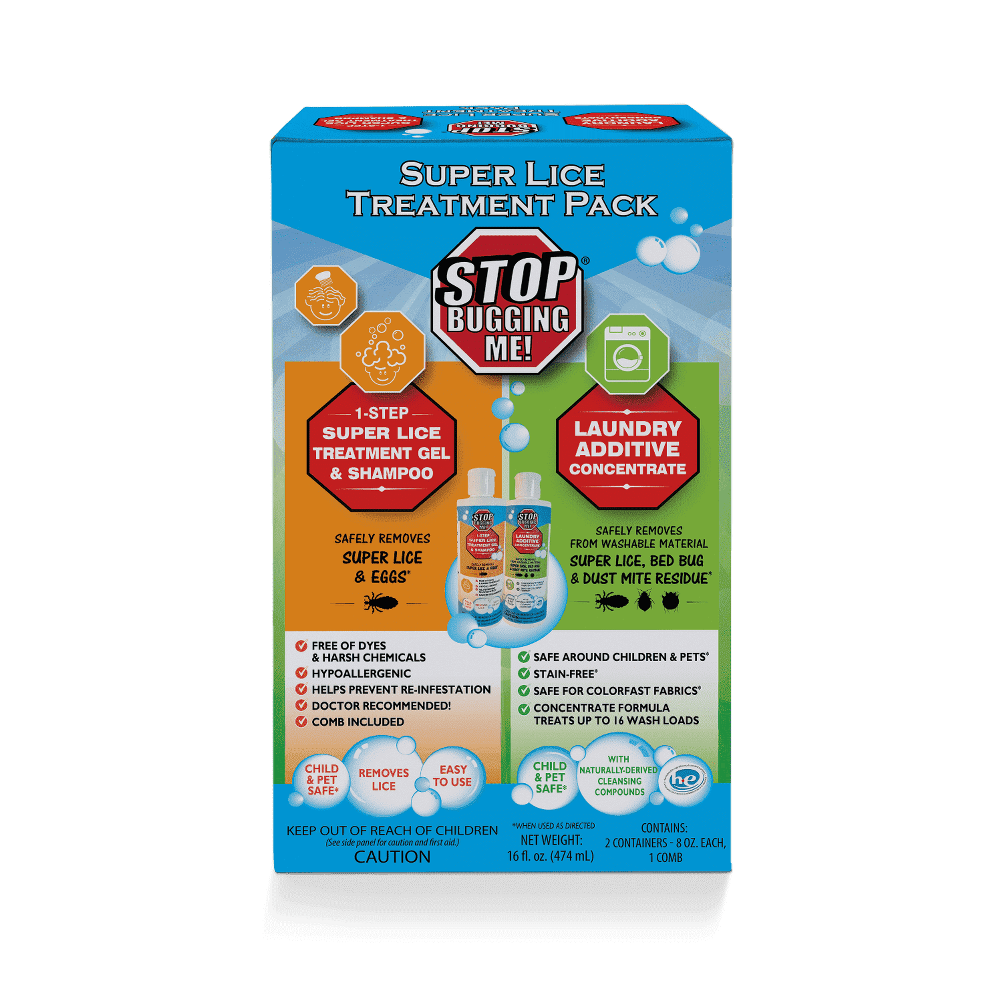 Stop Bugging Me - Super Lice Treatment Pack - 1 Super Lice Treatment Shampoo with Comb and 1 Laundry Additive Concentrate - 774374