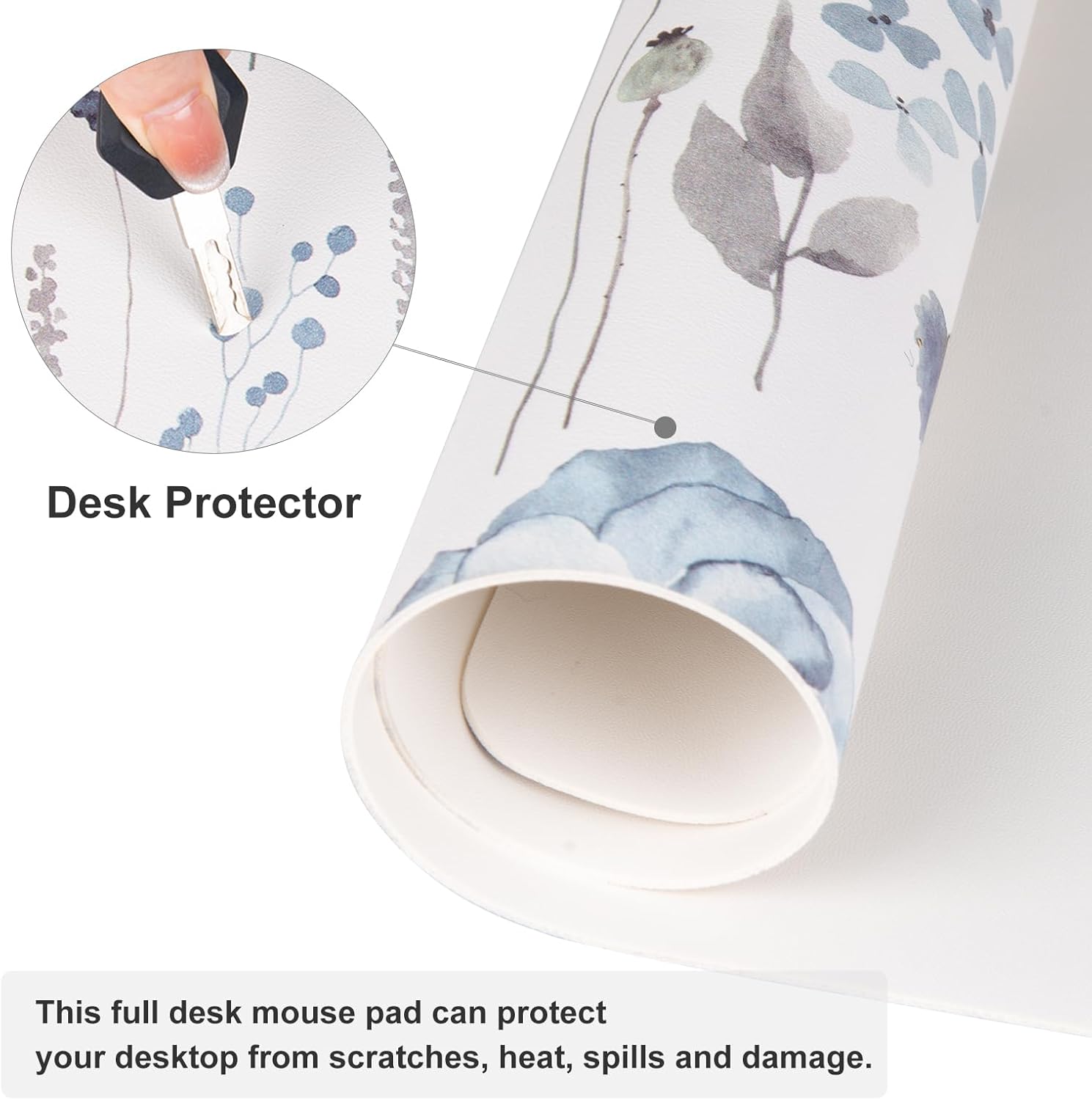 Large Mouse Pad for Desk, Cute Desk Mat for Desktop, Women Girls Office Décor Desk Accessories, PU Leather Waterproof Gaming Mousepad, Watercolor Blue Flowers Desk Pad Computer Mat, 31.5" x 15.7"