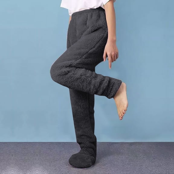 Unisex Winter Fleece Lined Sleep Pants, Thermal Long Johns with Attached Socks, Footed Warm Pajama Pants, Cold Weather Base Layer, Cozy Thermal Leggings, Plush Loungewear Pants - Black