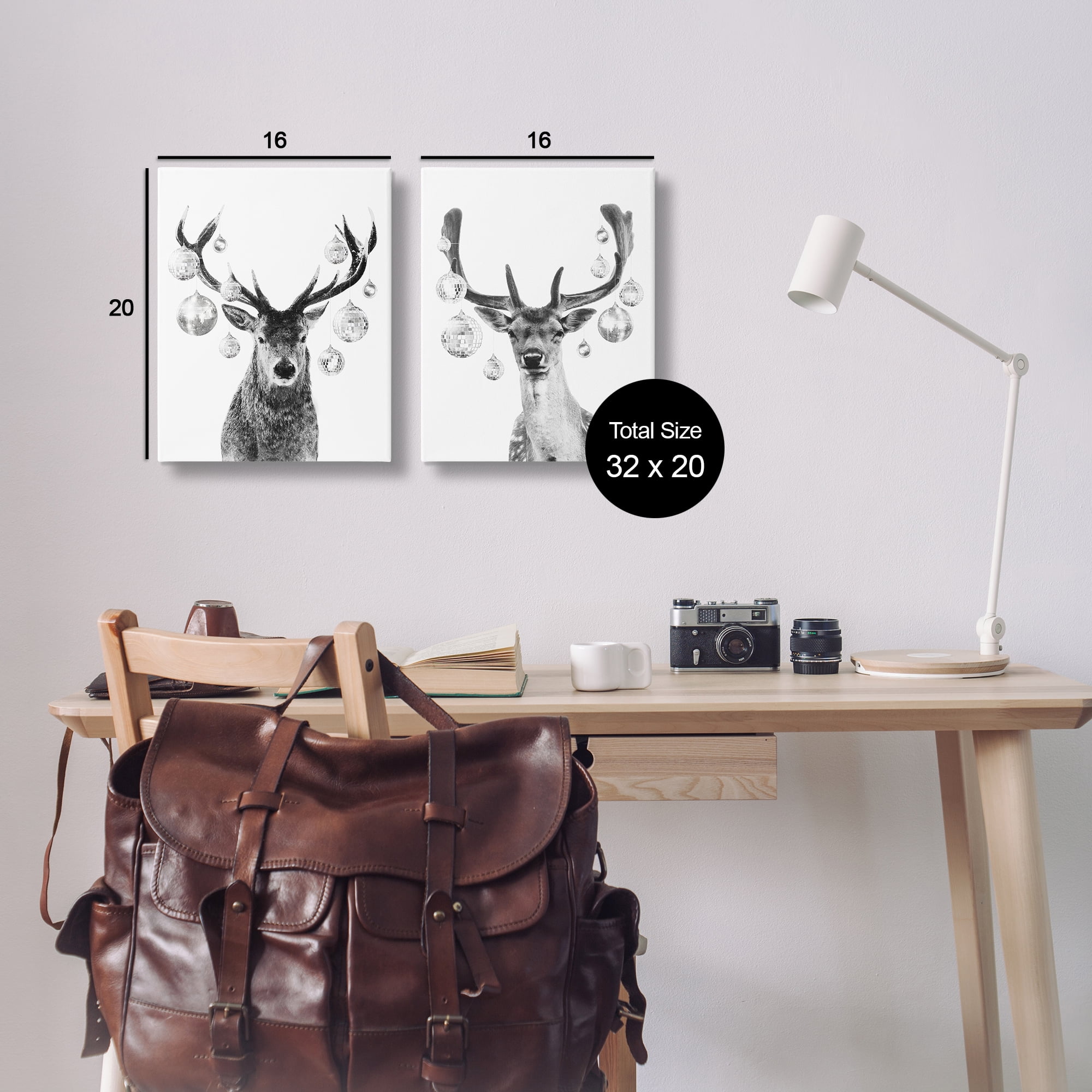 Stupell Industries Black and White Disco Deer Holiday Painting Wrapped Canvas Art Print Wall Art, 16 x 20, Set of 2