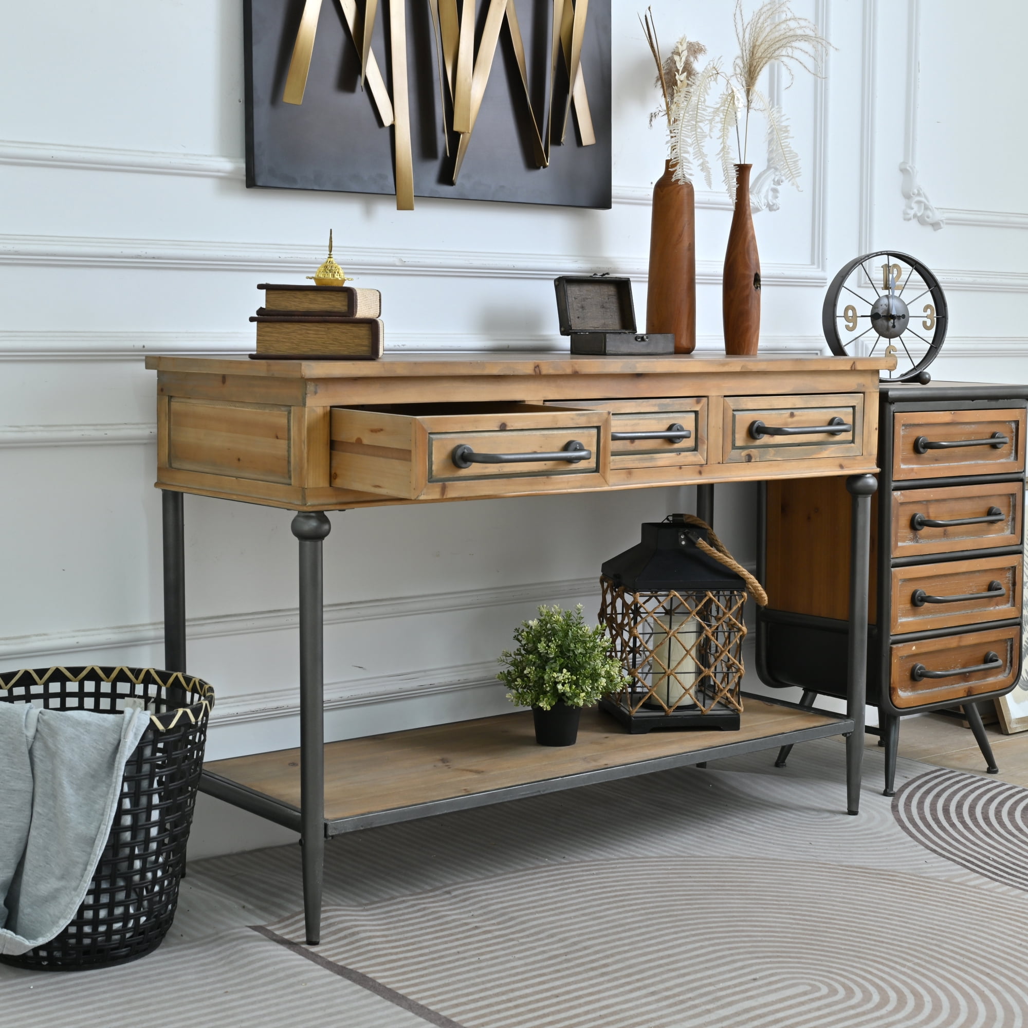 Leumius 48.03" Accent Rustic Storage Console Table, Rectangle Solid Wooden Top Metal Leg Console Table with Open Shelf and 3 Drawers for Living Room