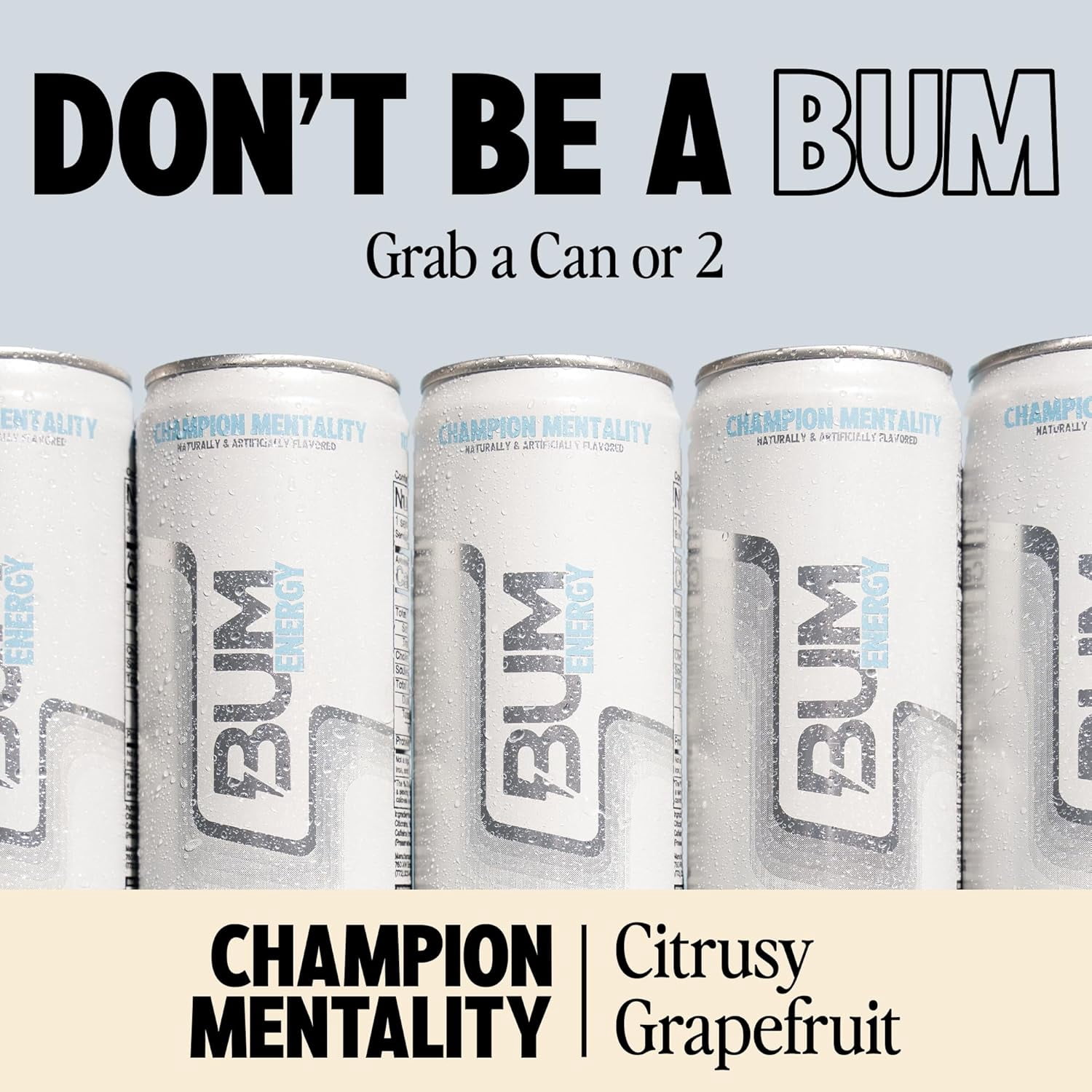 BUM Sugar-Free Energy Drink, Champion Mentality - Lightly Carbonated & No Artificial Colors, Natural Caffeine & Citicoline for Energy & Focus, Brain Boost & Workout Sports Beverage - 12 oz, Pack of 1