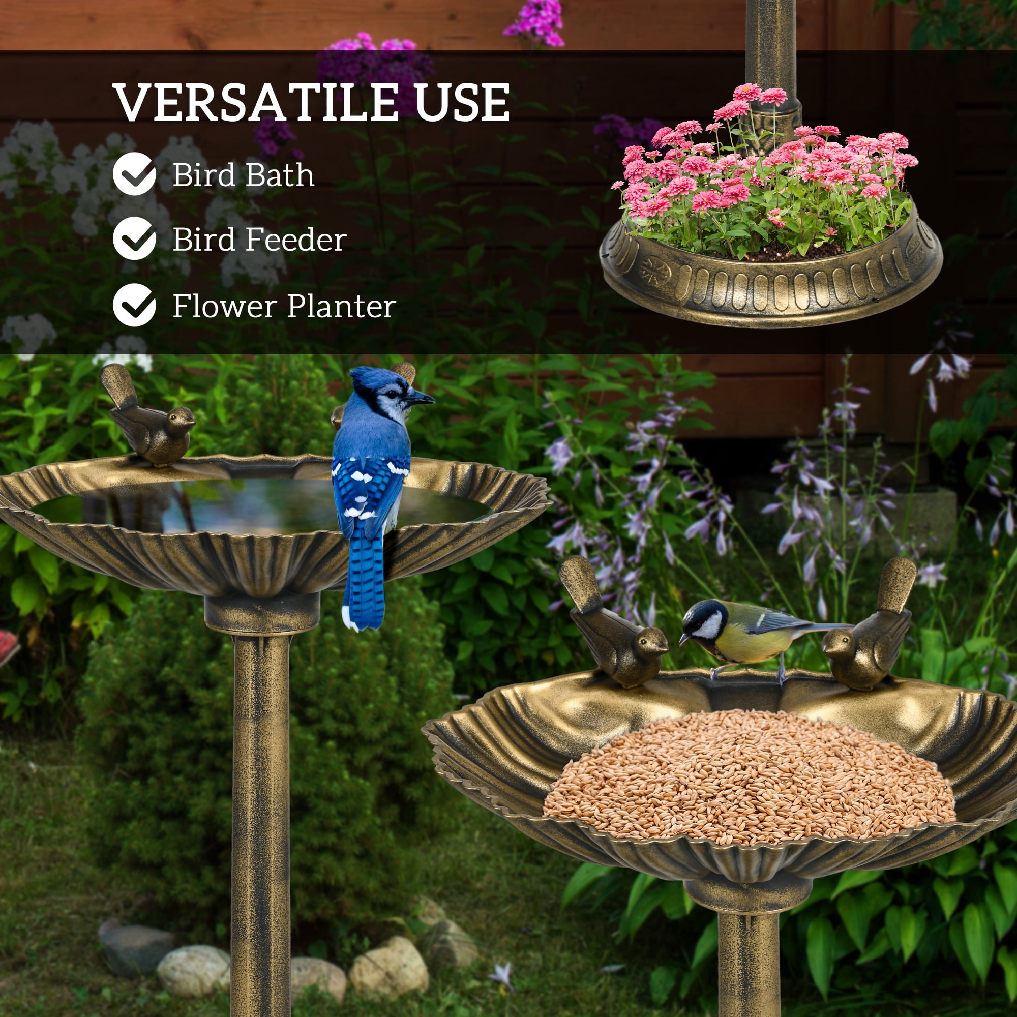DUOSONG Outsunny 32" Antique Bird Bath With Pedestal Flower Planter Base, Vintage Style Decorative Birdbath, Bird Feeder Bowl & Planter Decoration Yard Statue, Bronze Bronze Polypropylene Other