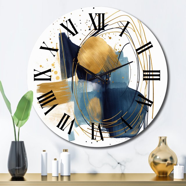 Designart "Regal Dark Blue and Gold Strokes XVI" Modern Geometric Oversized Wall Clock