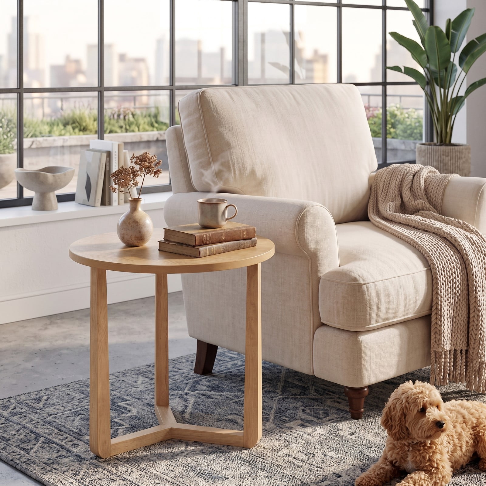 Furnibear 22.5 Inch Round Side Table, Farmhouse End Table with Sturdy Rubber Wood Legs and Triangular Base, Wooden Accent Nightstand Sofa Table for Living, Natural