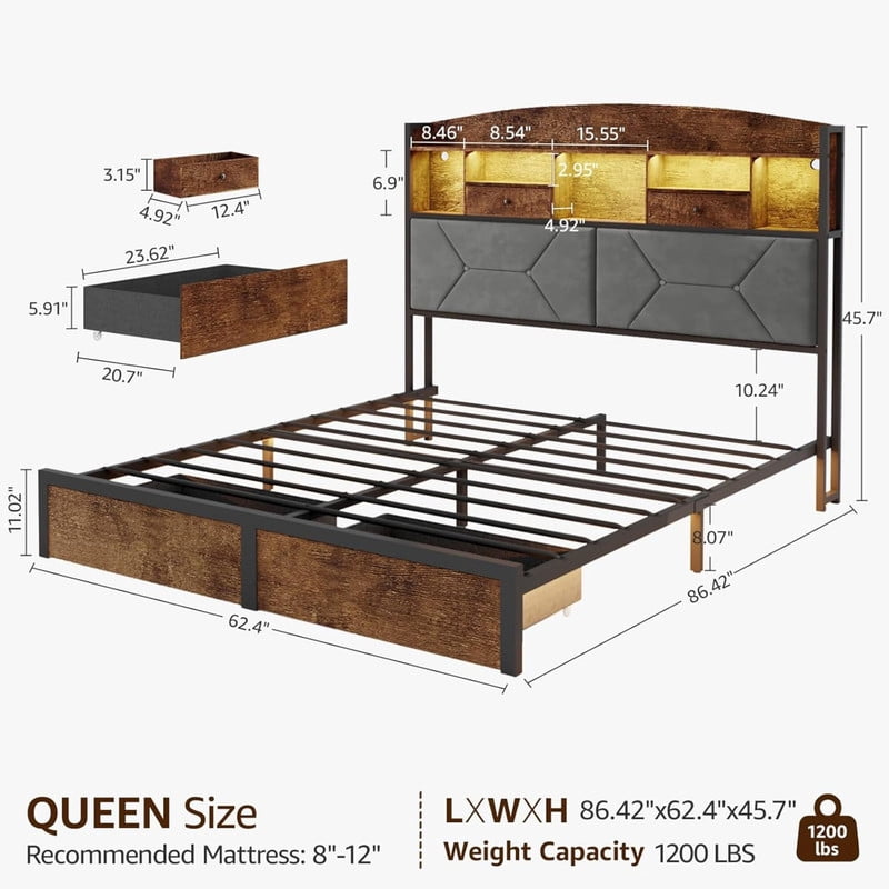 Queen Bed Frame with 4 Storage Drawers, Upholstered Velvet LED Button-Tufted Headboard, and Wooden Slats - No Box Spring Needed, Brown