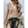 thumbnail image 3 of Oversized Sweater Vest for Women V Neck Cap Sleeve Cable Knit Vest Loose Striped Pullover Tank Tops Khaki S, 3 of 8