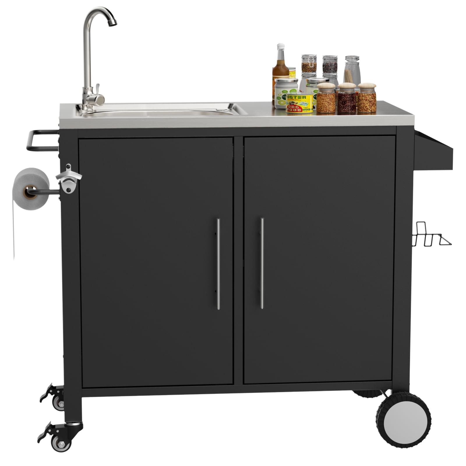 Outdoor Grill Table with 304 Stainless Steel Sink and Lockable Wheels, Grill Cart with Storage Cabinet and Spice Rack, Black and Silver