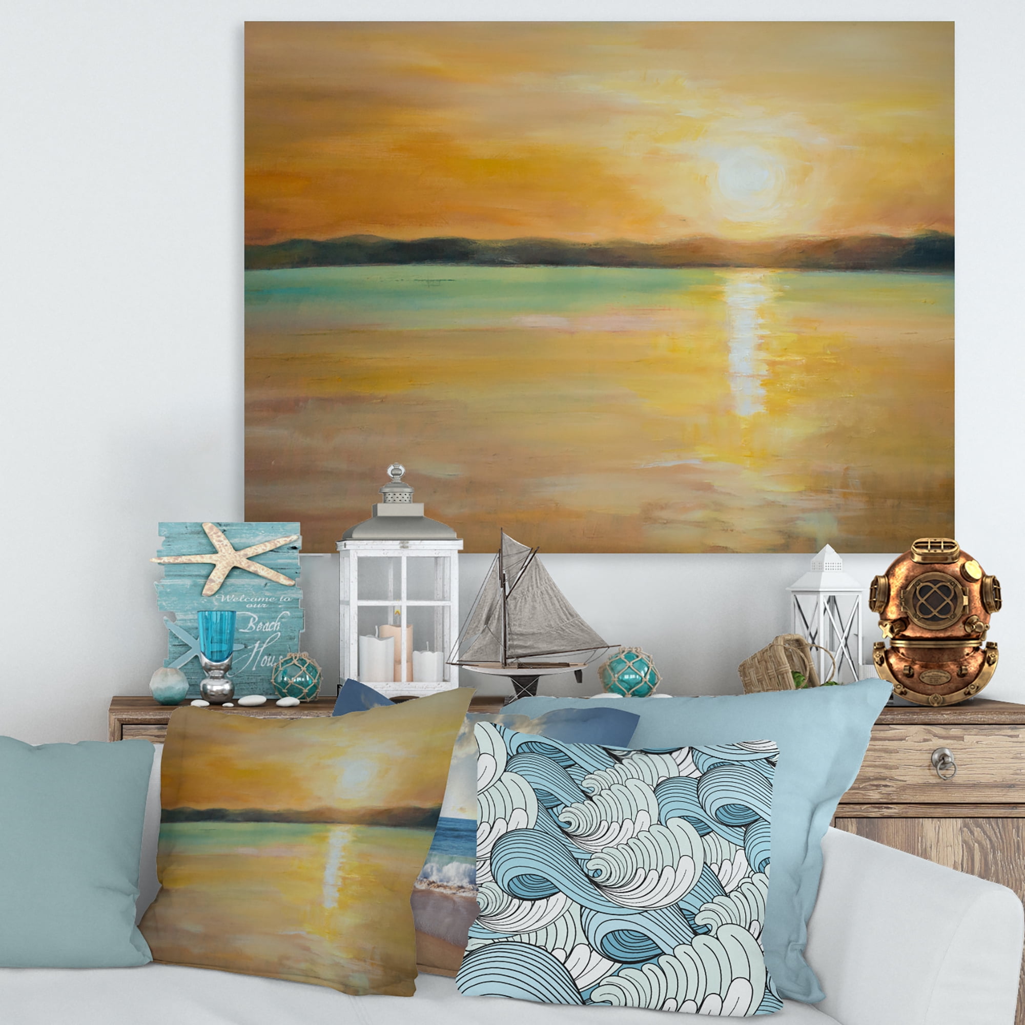 Designart ' Abstract Yellow Sunset At The Horizon ' Nautical & Coastal Canvas Wall Art Print