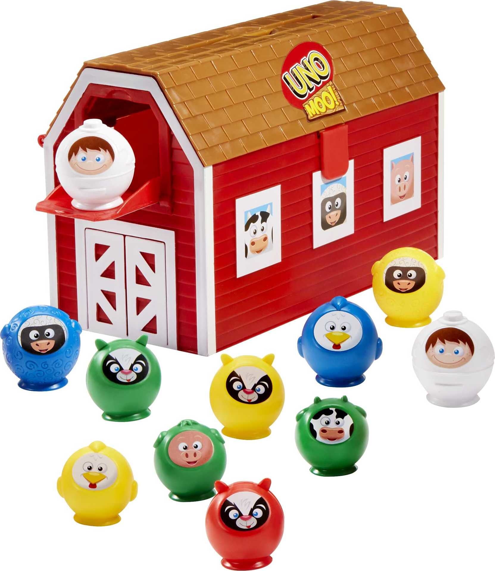 UNO Moo! Matching Kids Game For Game Night with 24 Plastic Animal Figures for 2-4 Players